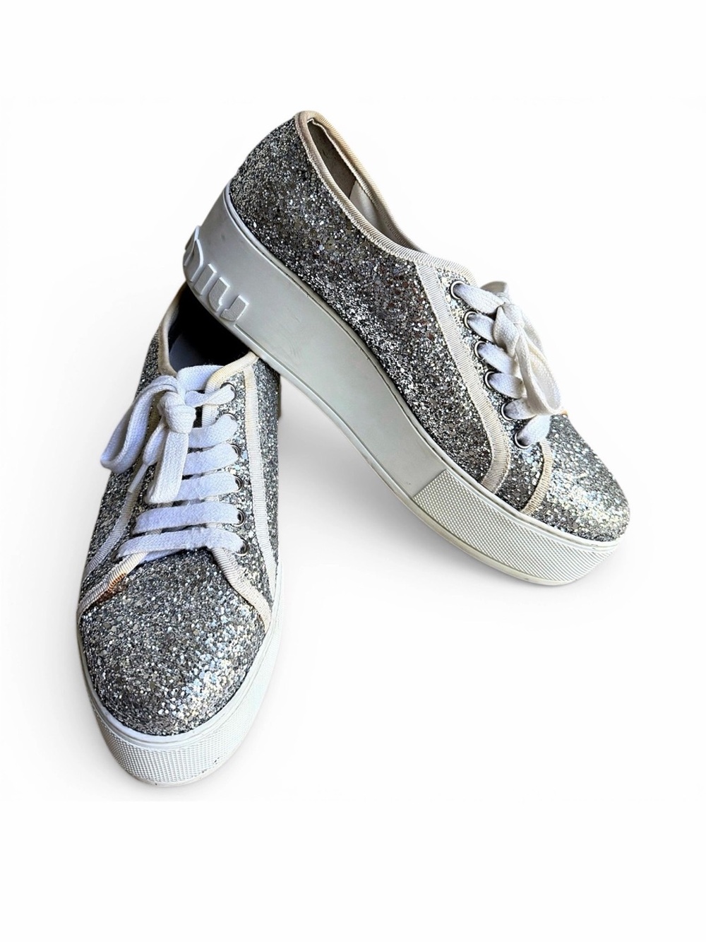 Miu Miu Silver Glitter Platform Sneakers